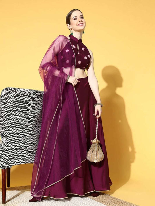 Purple Embroidered Semi-stitched Lehenga Choli With Dupatta - Inddus.com