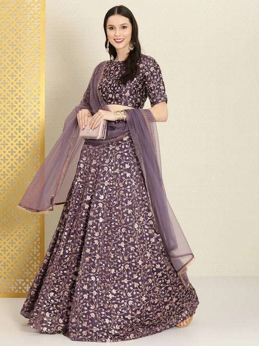 Purple Embroidered Semi-Stitched Lehenga & Unstitched Blouse With Dupatta - Inddus.com
