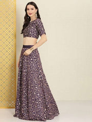 Purple Embroidered Semi-Stitched Lehenga & Unstitched Blouse With Dupatta - Inddus.com