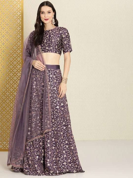 Purple Embroidered Semi-Stitched Lehenga & Unstitched Blouse With Dupatta - Inddus.com