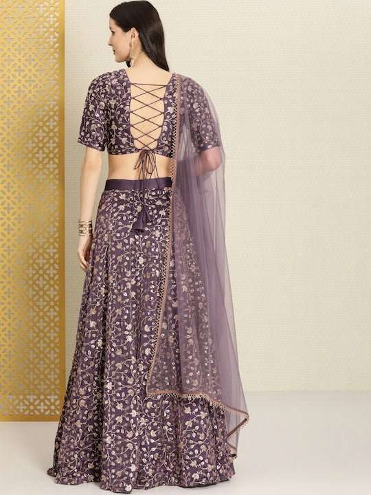 Purple Embroidered Semi-Stitched Lehenga & Unstitched Blouse With Dupatta - Inddus.com