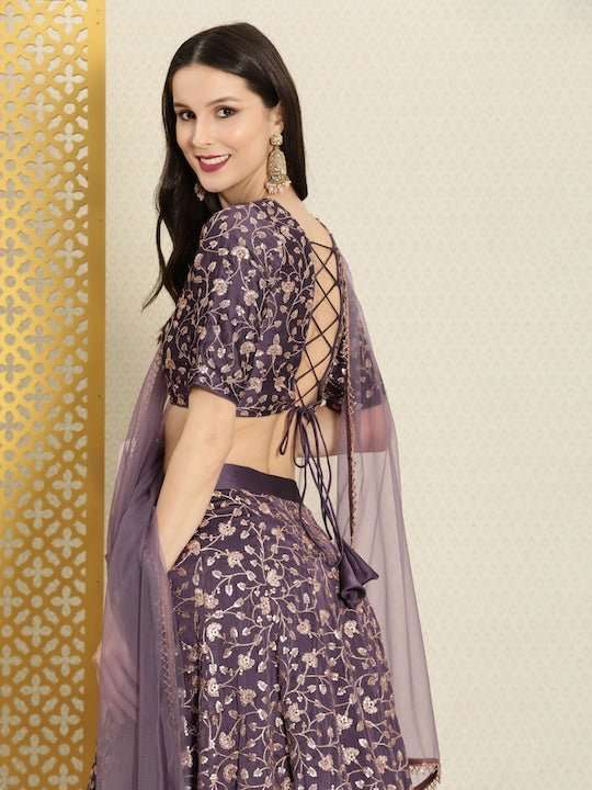 Purple Embroidered Semi-Stitched Lehenga & Unstitched Blouse With Dupatta - Inddus.com