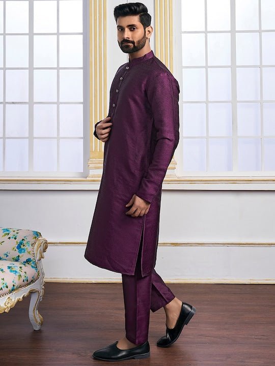 Purple Ethnic Motifs Woven Design Mandarin Collar Regular Kurta With Pyjamas - Inddus.com