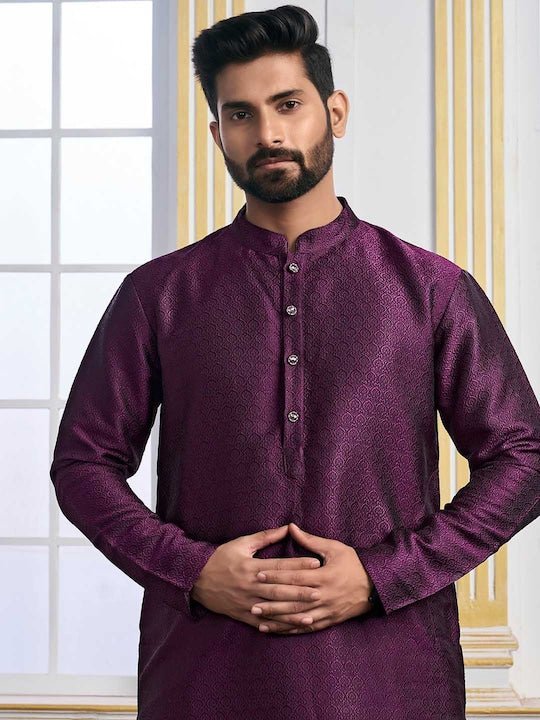 Purple Ethnic Motifs Woven Design Mandarin Collar Regular Kurta With Pyjamas - Inddus.com