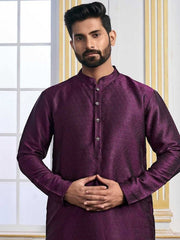 Purple Ethnic Motifs Woven Design Mandarin Collar Regular Kurta With Pyjamas - Inddus.com