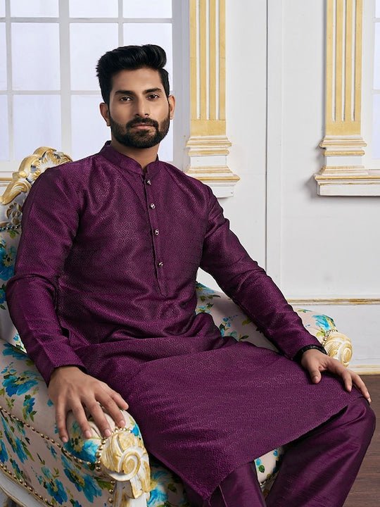 Purple Ethnic Motifs Woven Design Mandarin Collar Regular Kurta With Pyjamas - Inddus.com