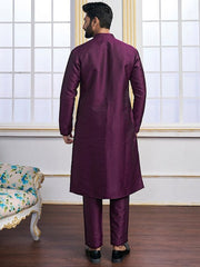 Purple Ethnic Motifs Woven Design Mandarin Collar Regular Kurta With Pyjamas - Inddus.com