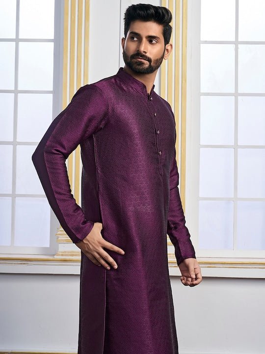Purple Ethnic Motifs Woven Design Mandarin Collar Regular Kurta With Pyjamas - Inddus.com