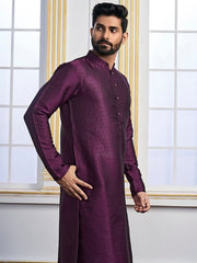 Purple Ethnic Motifs Woven Design Mandarin Collar Regular Kurta With Pyjamas - Inddus.com