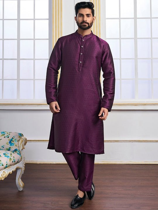 Purple Ethnic Motifs Woven Design Mandarin Collar Regular Kurta With Pyjamas - Inddus.com