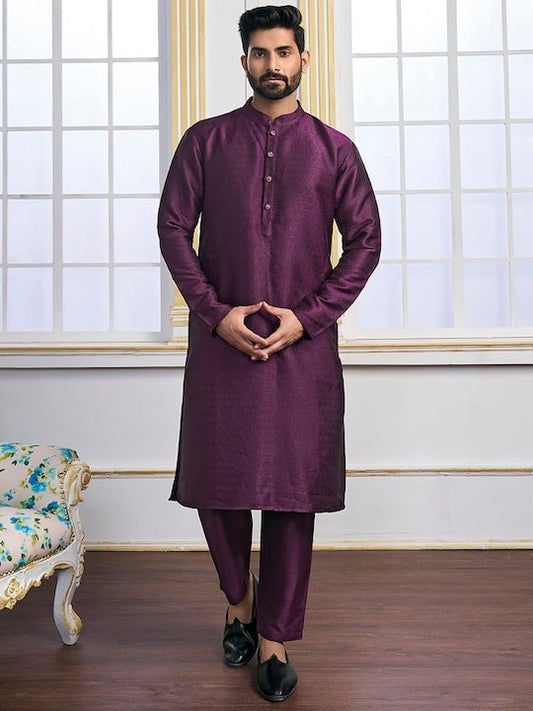 Purple Ethnic Motifs Woven Design Mandarin Collar Regular Kurta With Pyjamas - Inddus.com
