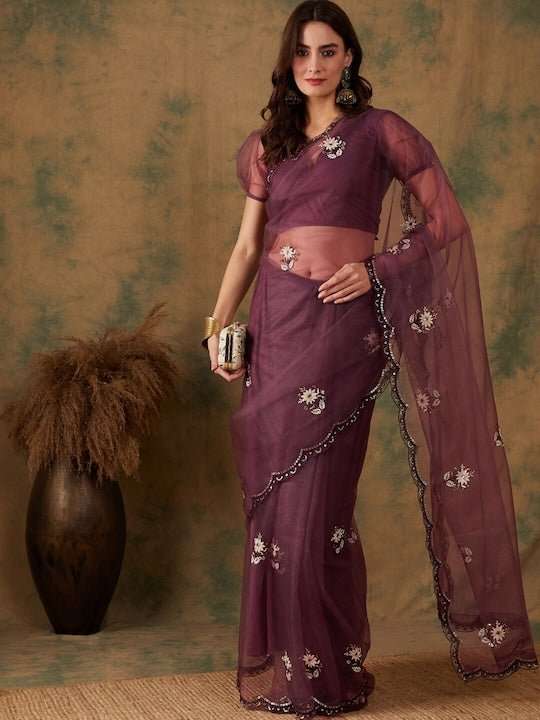 Purple Floral Embroidered Beads and Stones Embellished Net Saree