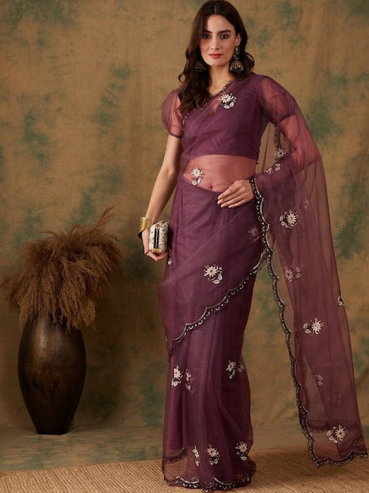 Purple Floral Embroidered Beads and Stones Embellished Net Saree