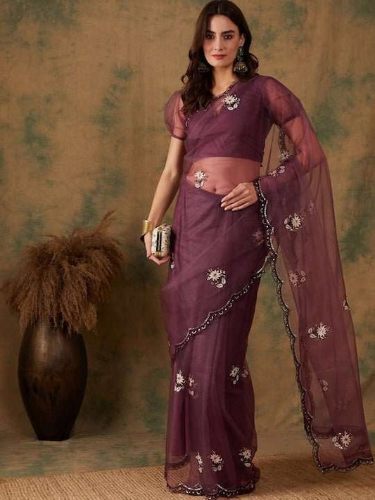 Purple Floral Embroidered Beads and Stones Embellished Net Saree