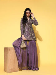 Purple Floral Embroidered Zari Kurta with Sharara - Inddus.com