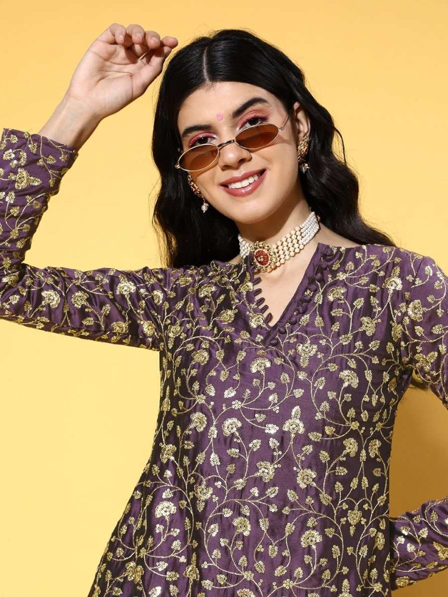 Purple Floral Embroidered Zari Kurta with Sharara - Inddus.com
