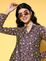 Purple Floral Embroidered Zari Kurta with Sharara - Inddus.com