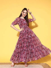 Purple Floral Print Puff Sleeves Georgette Maxi Dress - Inddus.com