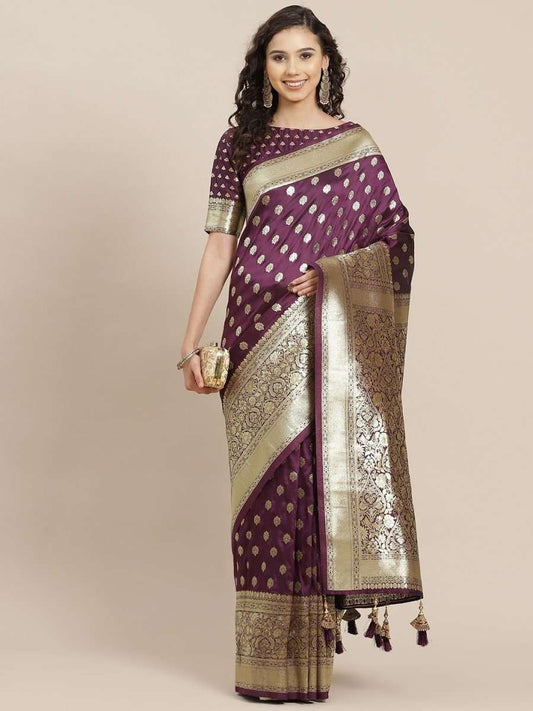 Purple Golden Zari Woven Saree - inddus-us