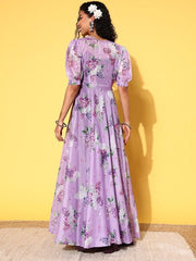 Purple & Lavender Maxi Dress With Floral Printed Jacket - Inddus.com