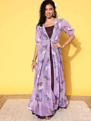 Purple & Lavender Maxi Dress With Floral Printed Jacket - Inddus.com