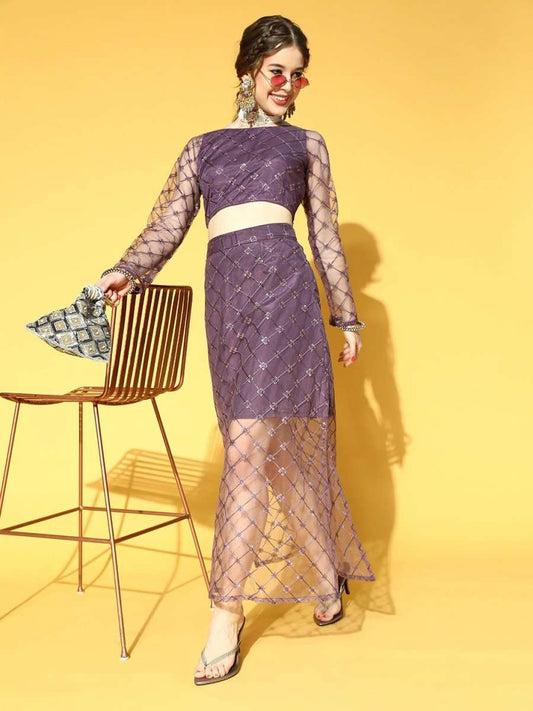 Purple Net Sequinned Embroidered Co-ords Set - Inddus.com