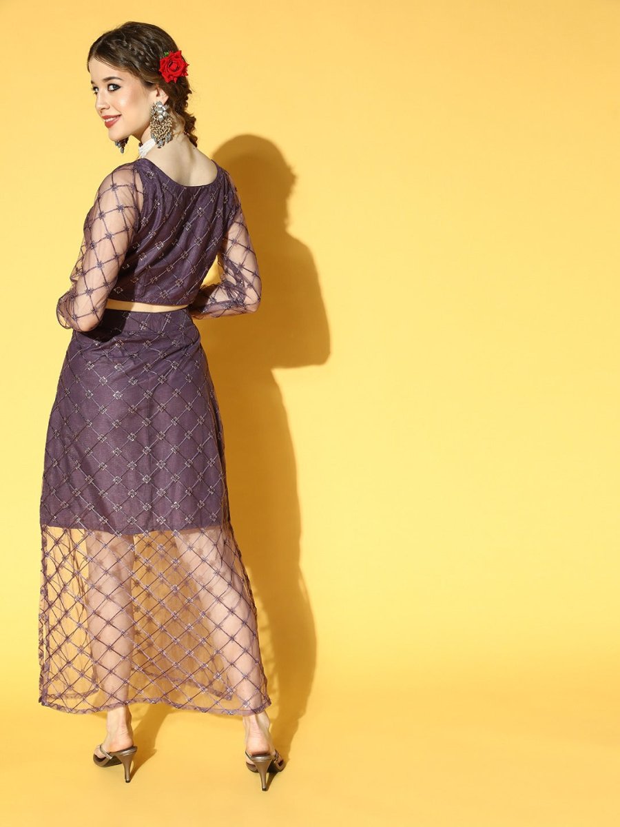 Purple Net Sequinned Embroidered Co-ords Set - Inddus.com