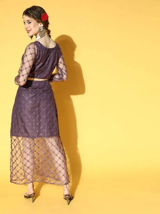 Purple Net Sequinned Embroidered Co-ords Set - Inddus.com