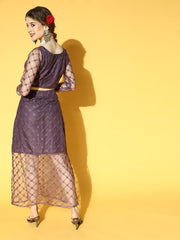 Purple Net Sequinned Embroidered Co-ords Set - Inddus.com