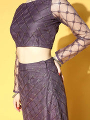 Purple Net Sequinned Embroidered Co-ords Set - Inddus.com