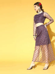 Purple Net Sequinned Embroidered Co-ords Set - Inddus.com