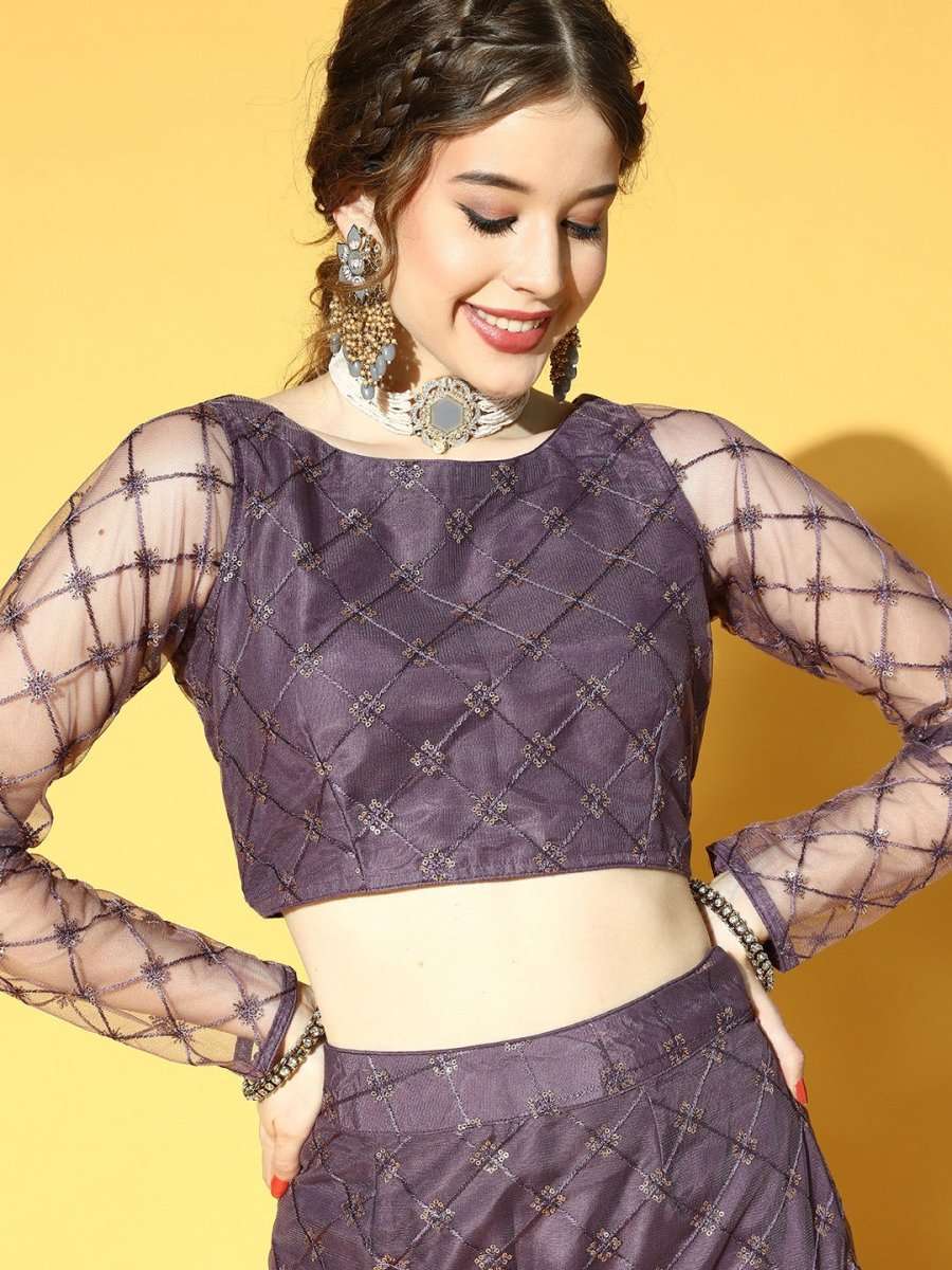Purple Net Sequinned Embroidered Co-ords Set - Inddus.com