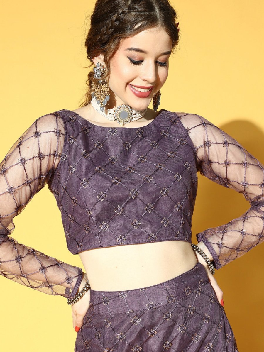 Purple Net Sequinned Embroidered Co-ords Set - Inddus.com
