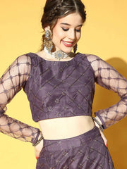 Purple Net Sequinned Embroidered Co-ords Set - Inddus.com