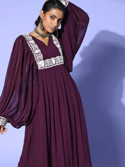 Purple Satin Batwing Sleeves Kurta Set - Inddus.com