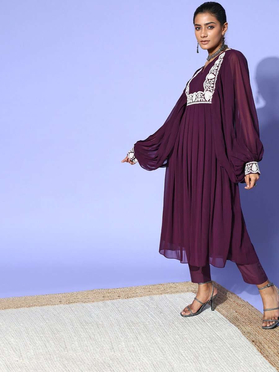 Purple Satin Batwing Sleeves Kurta Set - Inddus.com