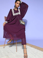 Purple Satin Batwing Sleeves Kurta Set - Inddus.com