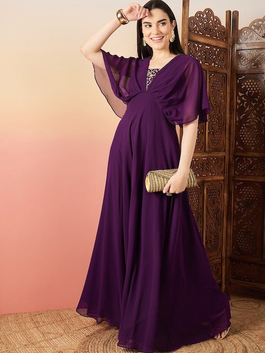 Purple Sequinned Flared Sleeves Georgette Maxi Ethnic Dresses - Inddus.com