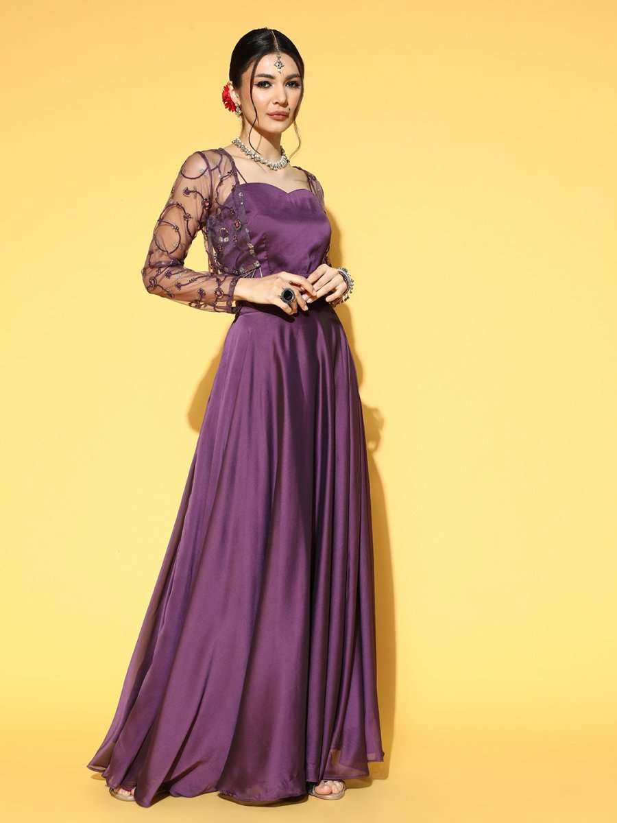 Purple Solid Skirt with Top and Embroidered Jacket - Inddus.com