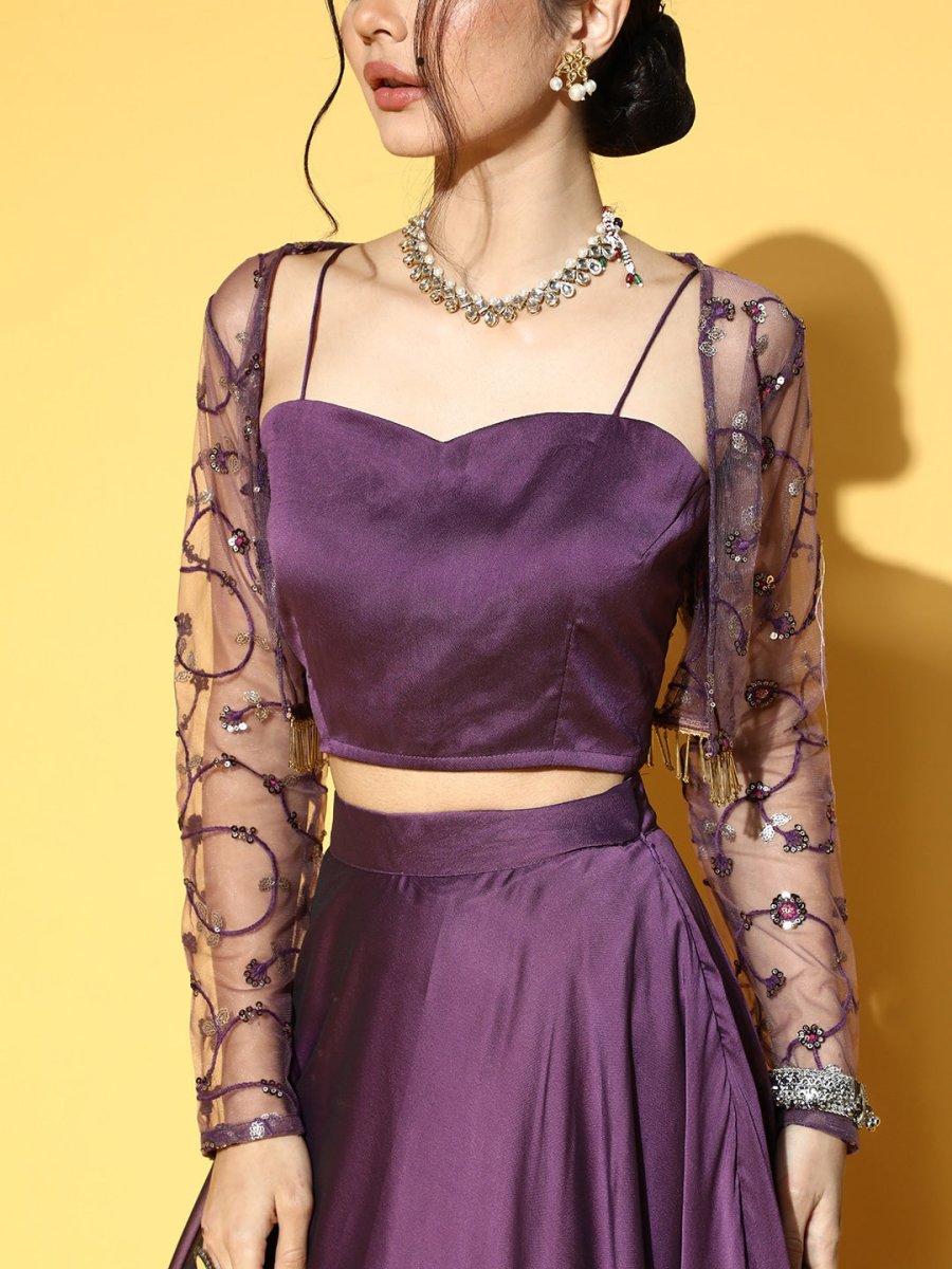Purple Solid Skirt with Top and Embroidered Jacket - Inddus.com