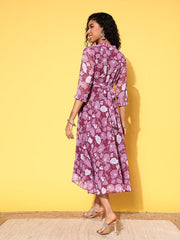 Purple & White Floral Print Mandarin Collar Georgette Midi Dress - Inddus.com