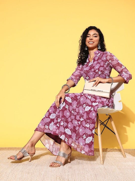 Purple & White Floral Print Mandarin Collar Georgette Midi Dress - Inddus.com