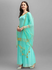 Rama Green Embroidered Kurta with Sharara and Net Dupatta - Inddus.com