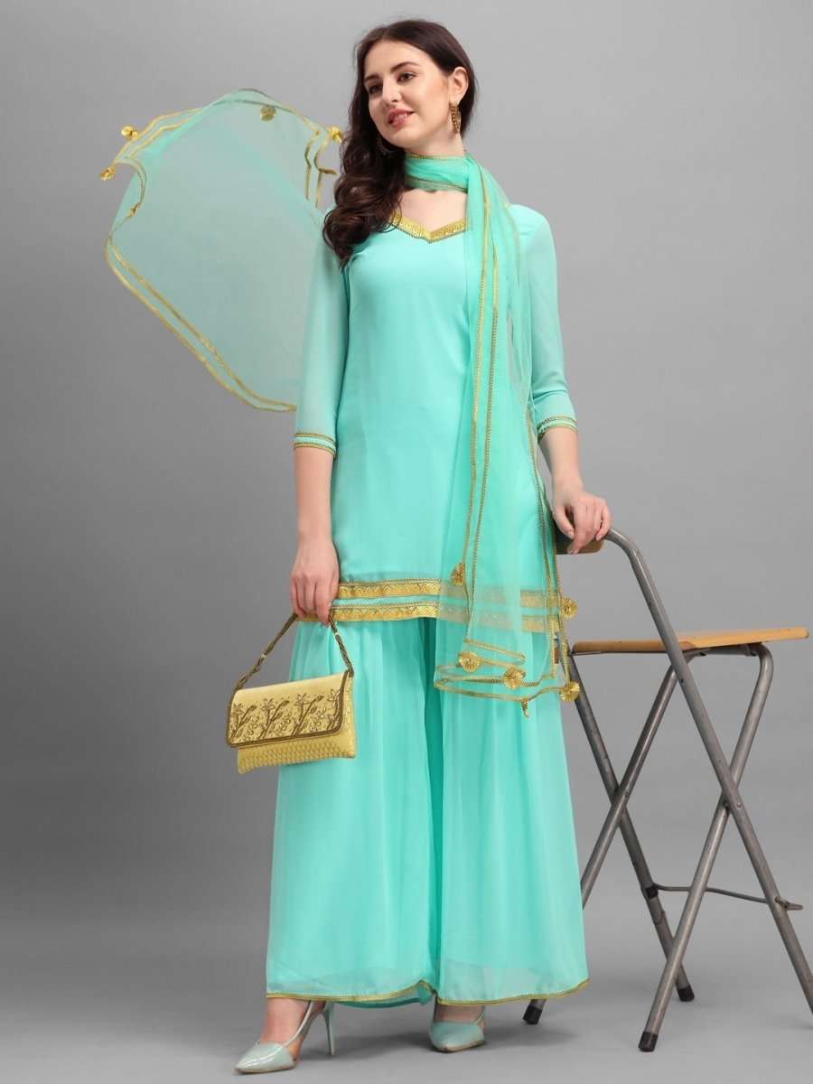 Rama Green Embroidered Kurta with Sharara and Net Dupatta - Inddus.com