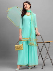 Rama Green Embroidered Kurta with Sharara and Net Dupatta - Inddus.com
