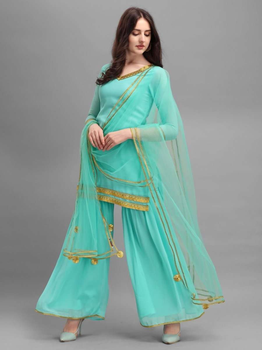 Rama Green Embroidered Kurta with Sharara and Net Dupatta - Inddus.com