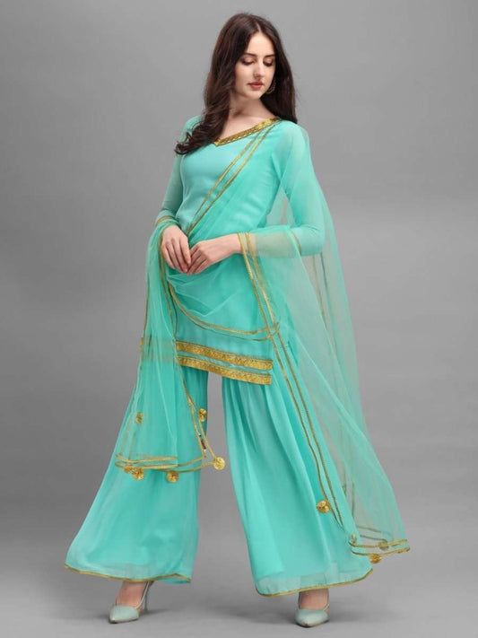 Rama Green Embroidered Kurta with Sharara and Net Dupatta - Inddus.com