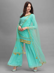 Rama Green Embroidered Kurta with Sharara and Net Dupatta - Inddus.com