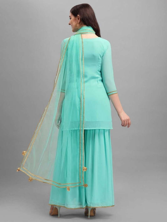 Rama Green Embroidered Kurta with Sharara and Net Dupatta - Inddus.com