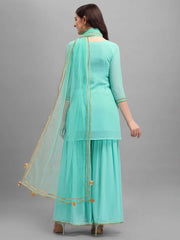 Rama Green Embroidered Kurta with Sharara and Net Dupatta - Inddus.com